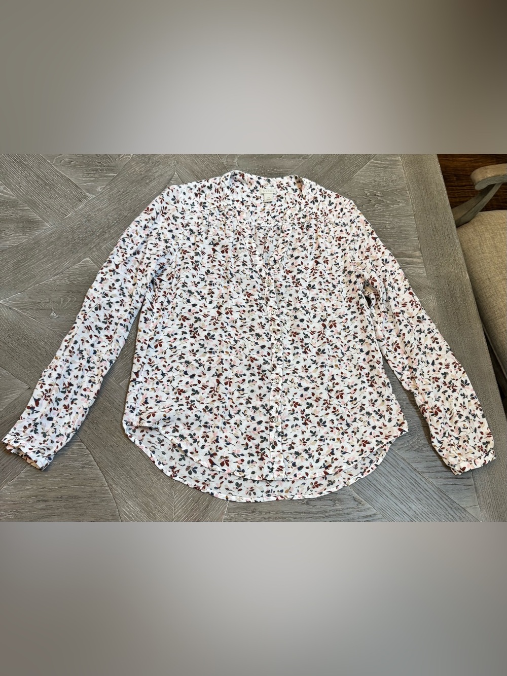 Nordstrom Hinge White Floral Button-Front Long-Sleeve Women's Blouse